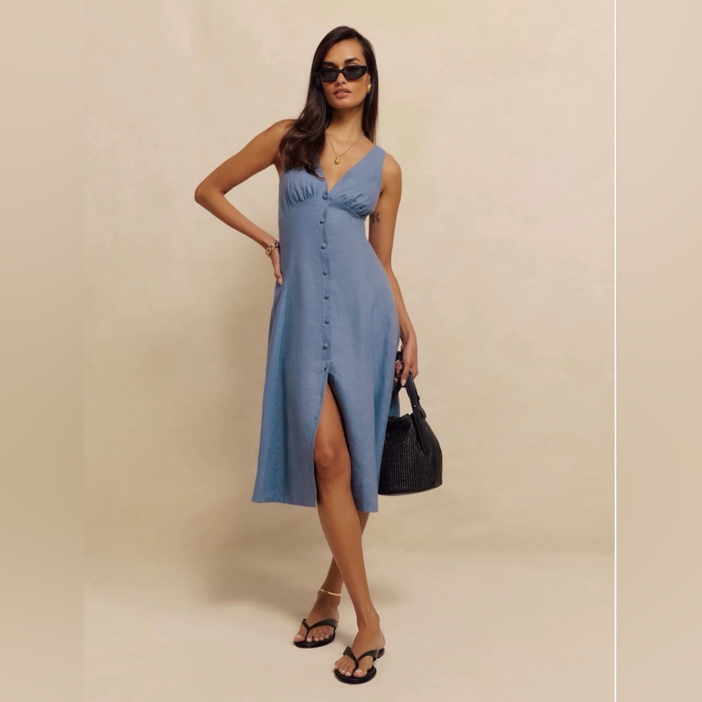 Reformation Sebastien Linen Dress Blue - Size 2